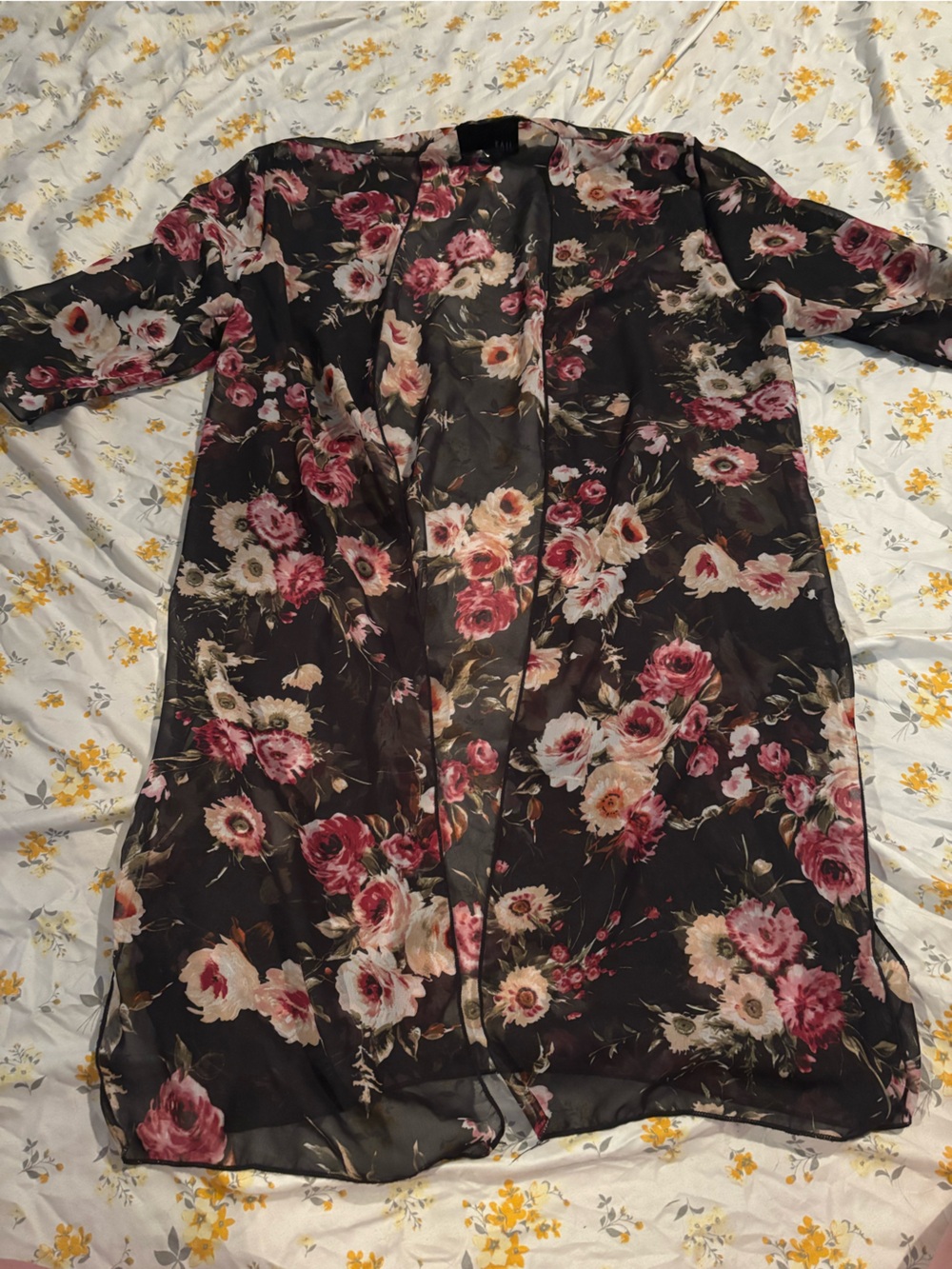 Kaii Black Sheer Floral Duster with Pink and Cream Blooms